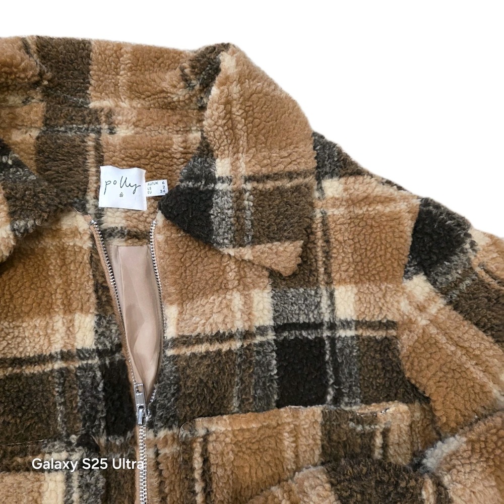 Polly Brown Plaid Fleece Pillover Full Zip Teddy Sz 2 Small Princess Polly - Picture 2 of 3